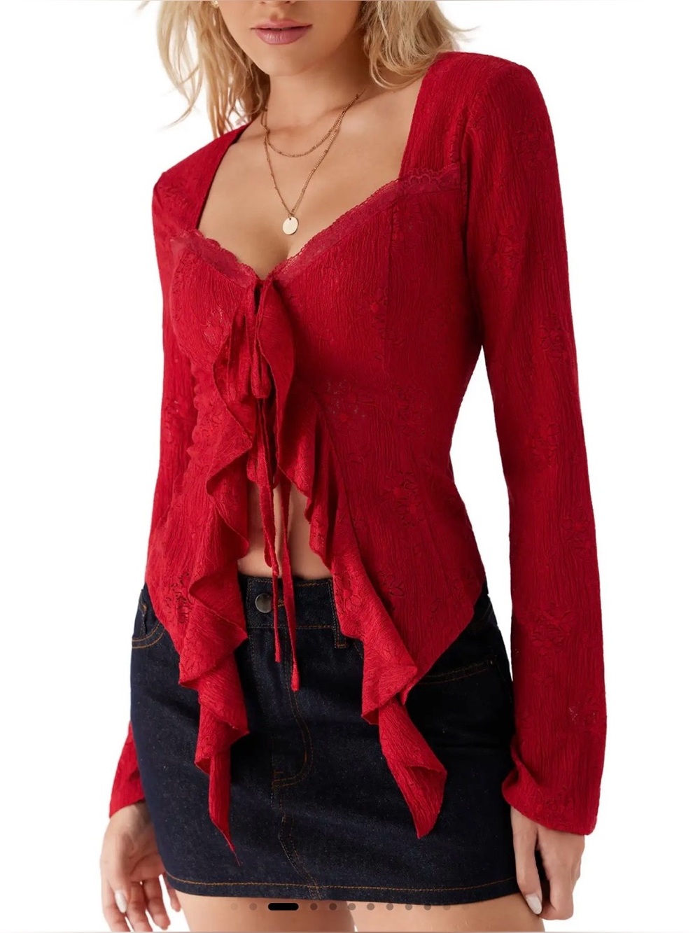 CIDER Women Long Sleeve Lace Blouse Ruffle
Front Tie Top-large NWT